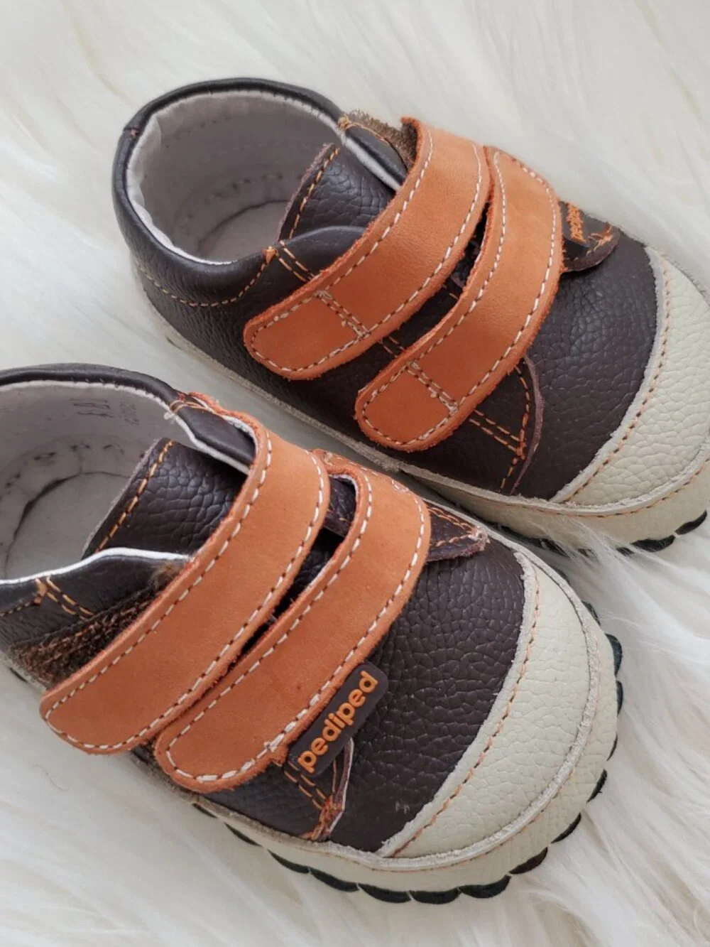 Pediped Brown Infant Leather Soft Sole Velcro Handcrafted Shoes SZ 0-6M